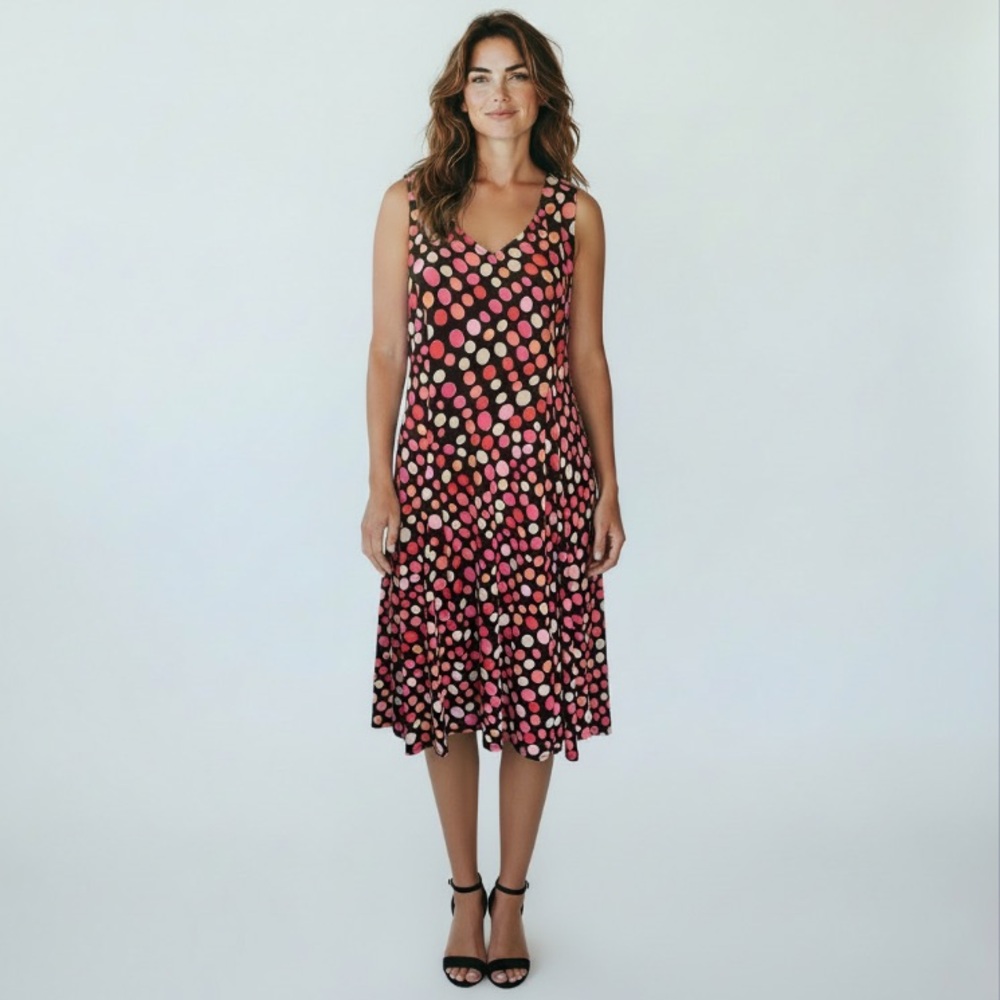 Danny & Nicole Sleeveless Pink Black Polka Dot V-Neck Midi Dress Size 12P